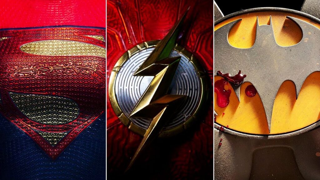 The different logos of Superman, The Flash, and Batman